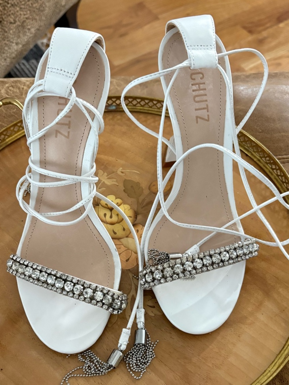 SCHUTZ White Crystal Lace-Up Heeled Sandals